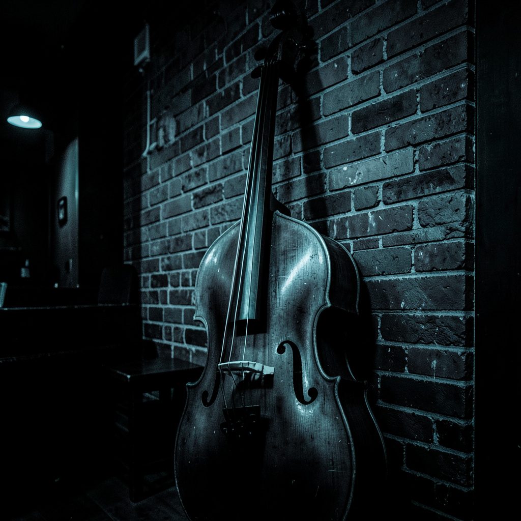 A moody duotone photograph of a double bass leaning against a brick wall in a dimly lit jazz club, deep charcoal shadows and teal-blue highlights.