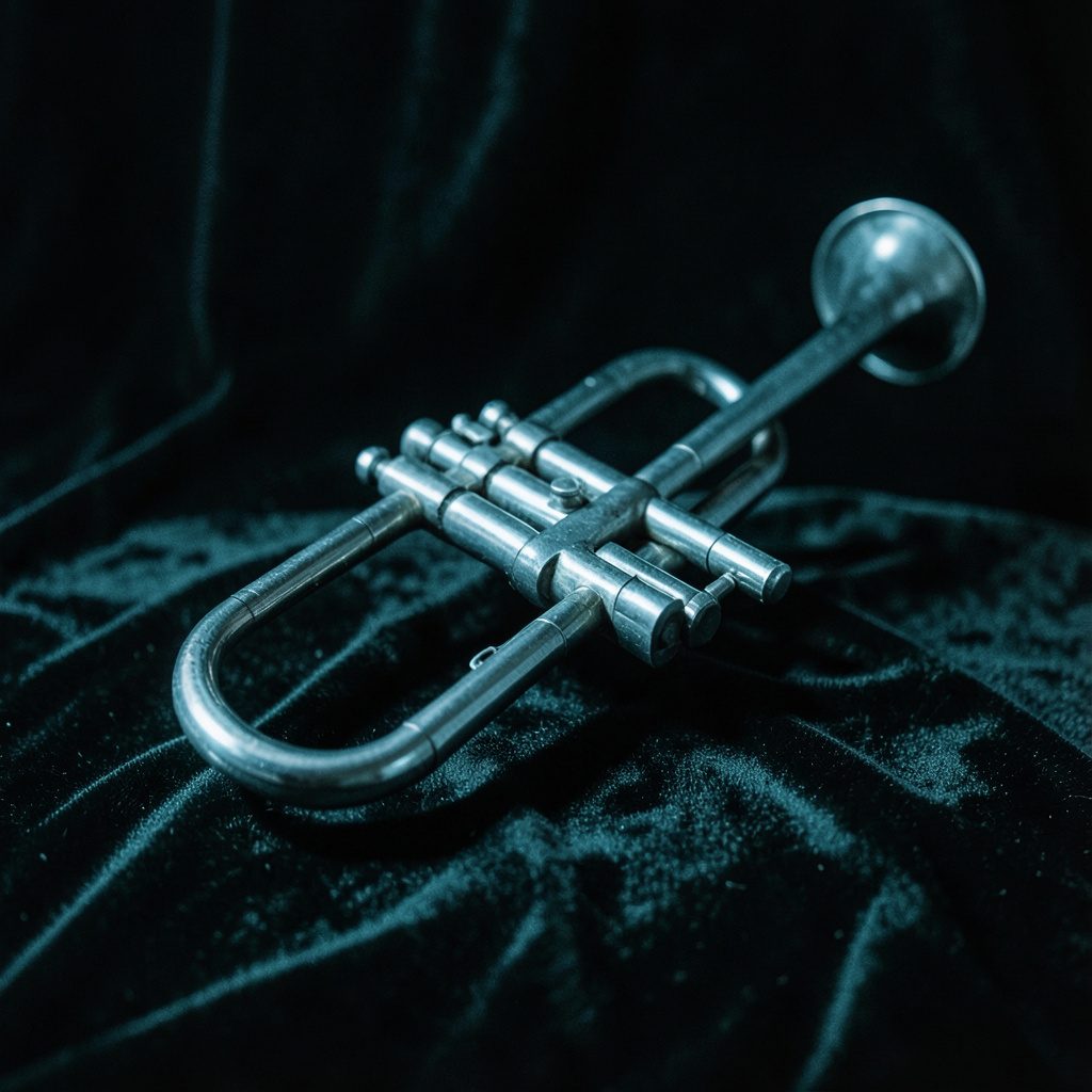A warm, atmospheric duotone photograph of a jazz trumpet resting on a dark velvet surface, deep charcoal and teal-blue tones, moody stage lighting with soft shadows.