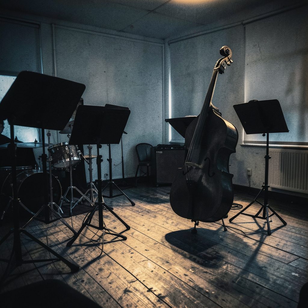 A warm duotone photograph of a dimly lit rehearsal room with music stands, a double bass silhouette, and soft amber light spilling across worn wooden floorboards.